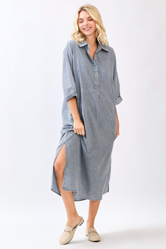 Mittoshop Washed Striped Collared Maxi Shirt Dress in Navy