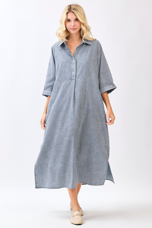 Mittoshop Washed Striped Collared Maxi Shirt Dress in Navy