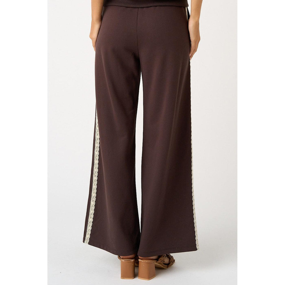 Mittoshop Espresso Knit Set featuring a sleeveless tank top and wide-leg pants with lace trim details in brown cotton French terry.