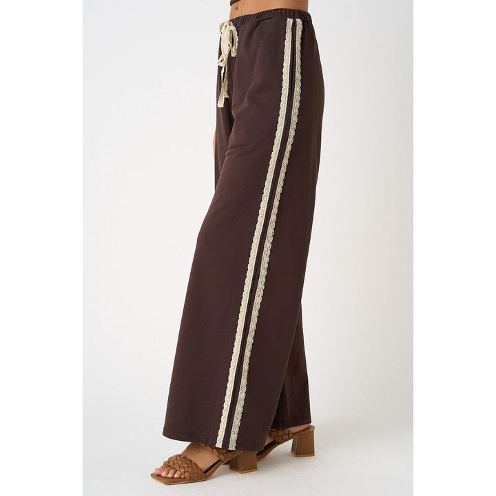 Mittoshop Espresso Knit Set featuring a sleeveless tank top and wide-leg pants with lace trim details in brown cotton French terry.