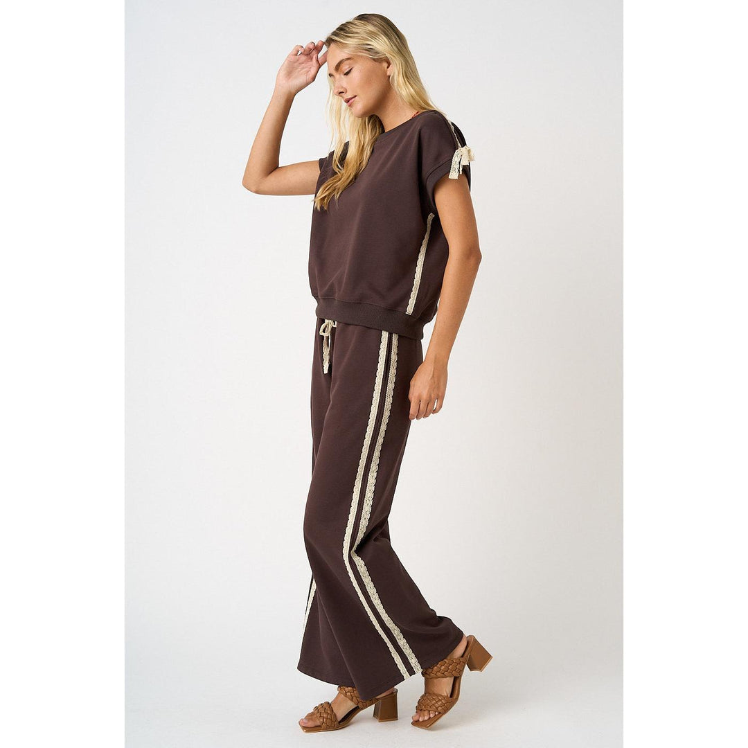 Mittoshop Espresso Knit Set featuring a sleeveless tank top and wide-leg pants with lace trim details in brown cotton French terry.
