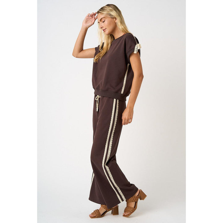 Mittoshop Espresso Knit Set featuring a sleeveless tank top and wide-leg pants with lace trim details in brown cotton French terry.