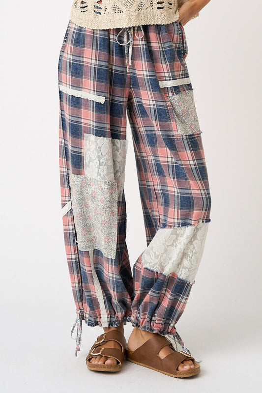 Mittoshop Plaid Patchwork Sweatshirt &amp; Pants Set in Pink