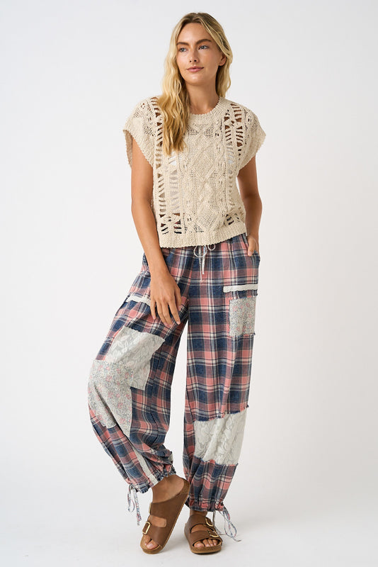Mittoshop Plaid Patchwork Sweatshirt &amp; Pants Set in Pink