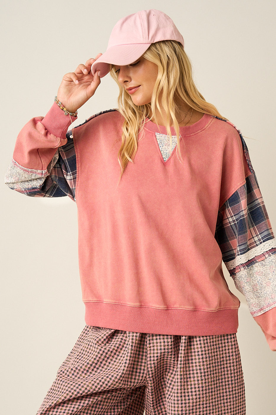 Mittoshop Plaid Patchwork Sweatshirt &amp; Pants Set in Pink