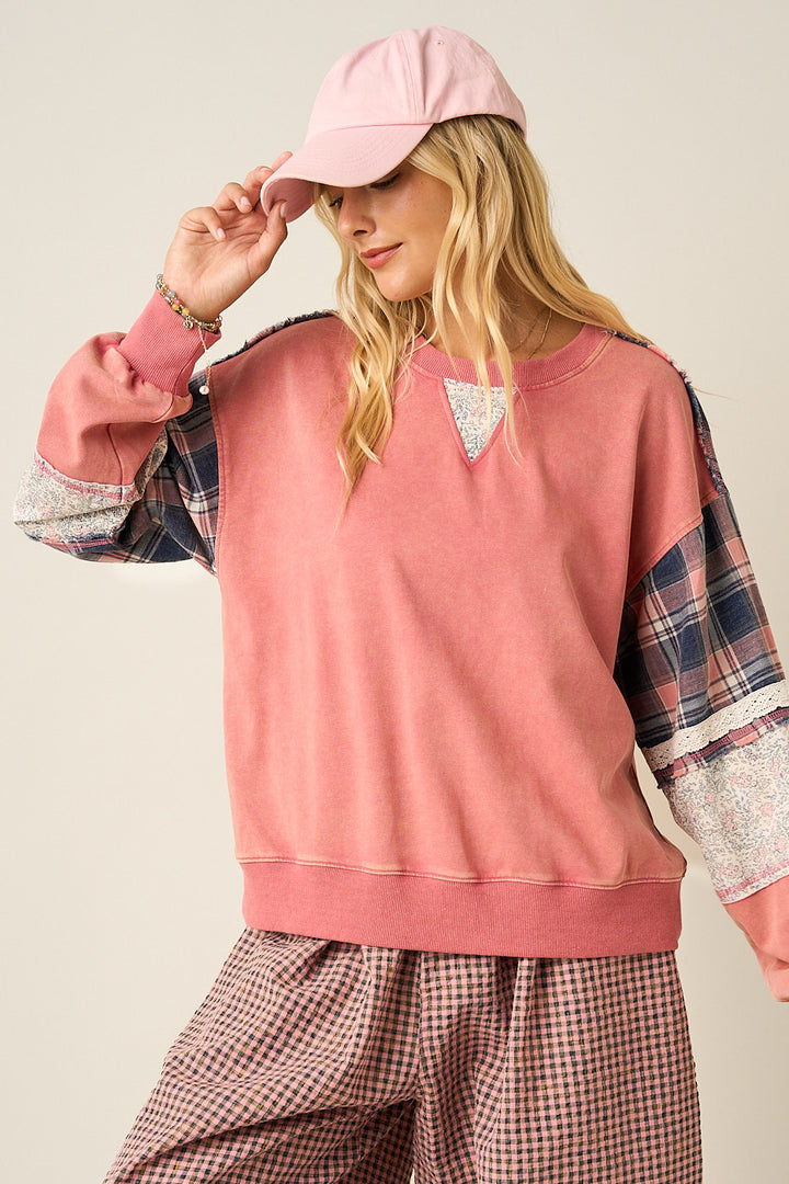 Mittoshop Plaid Patchwork Sweatshirt &amp; Pants Set in Pink