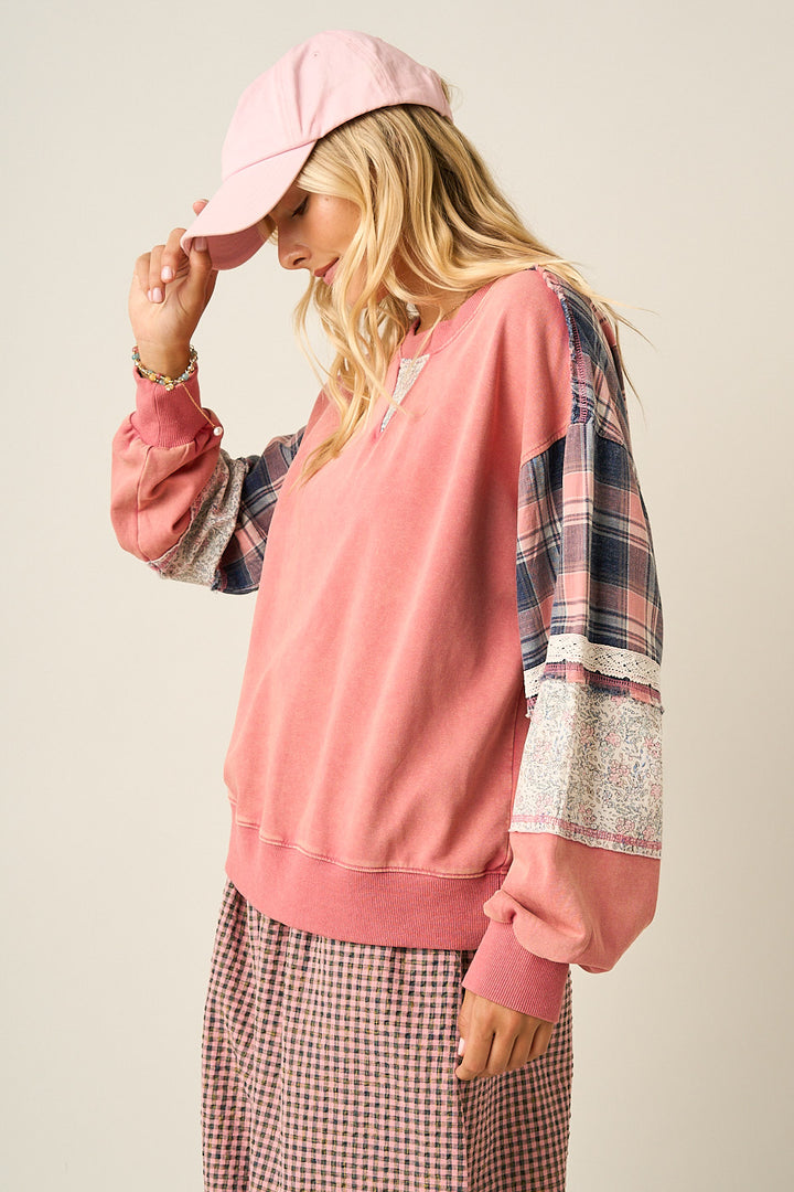 Mittoshop Plaid Patchwork Sweatshirt &amp; Pants Set in Pink