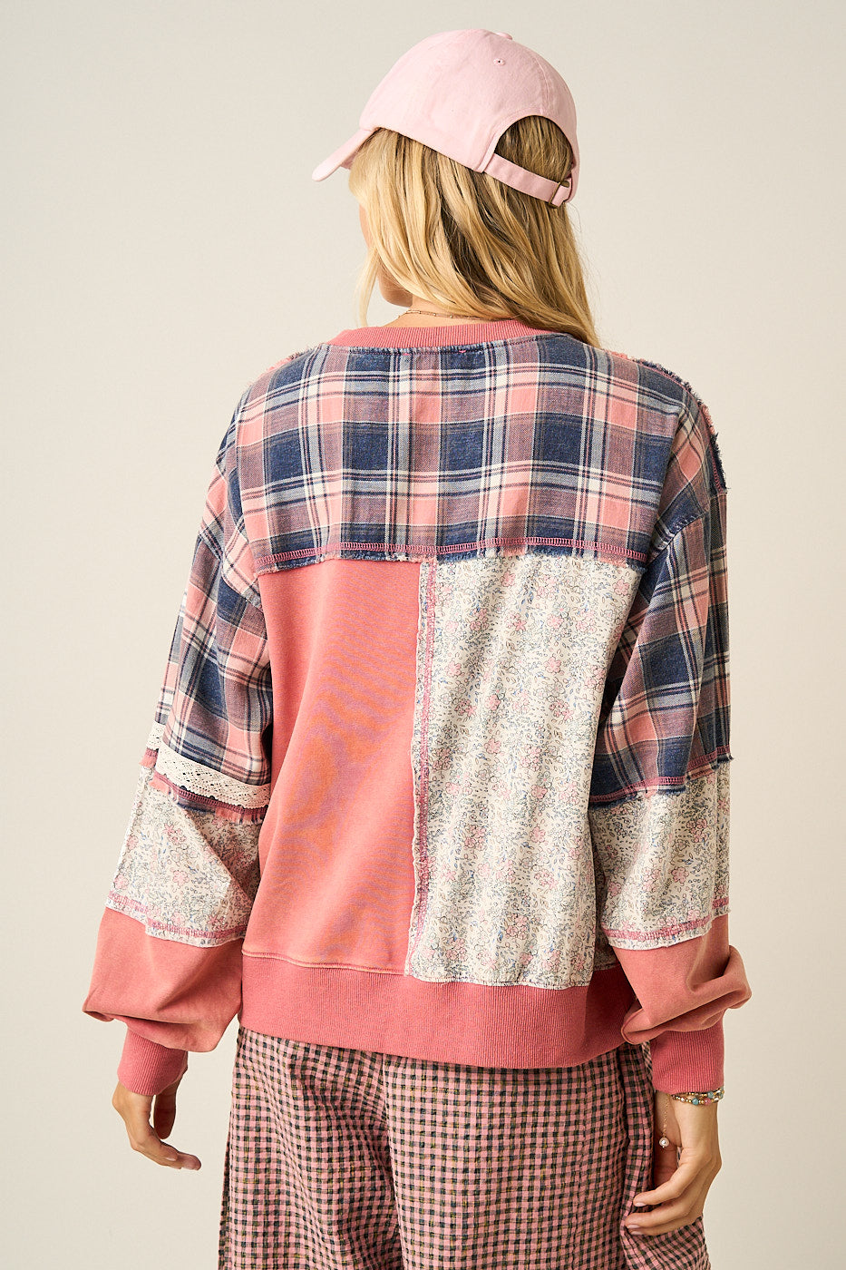 Mittoshop Plaid Patchwork Sweatshirt &amp; Pants Set in Pink