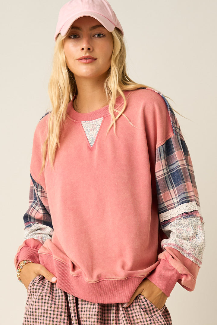 Mittoshop Plaid Patchwork Sweatshirt &amp; Pants Set in Pink