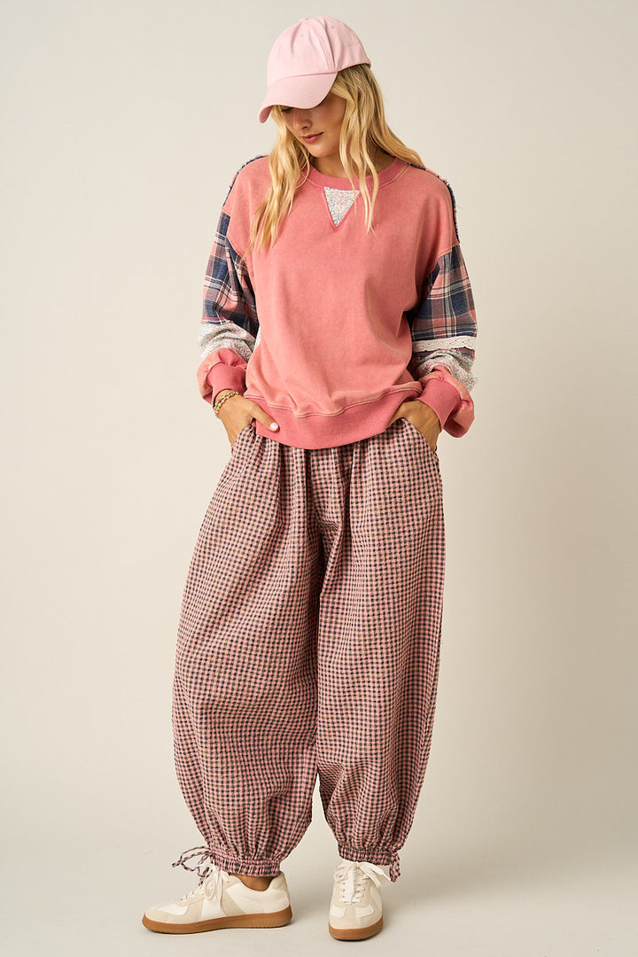 Mittoshop Plaid Patchwork Sweatshirt &amp; Pants Set in Pink