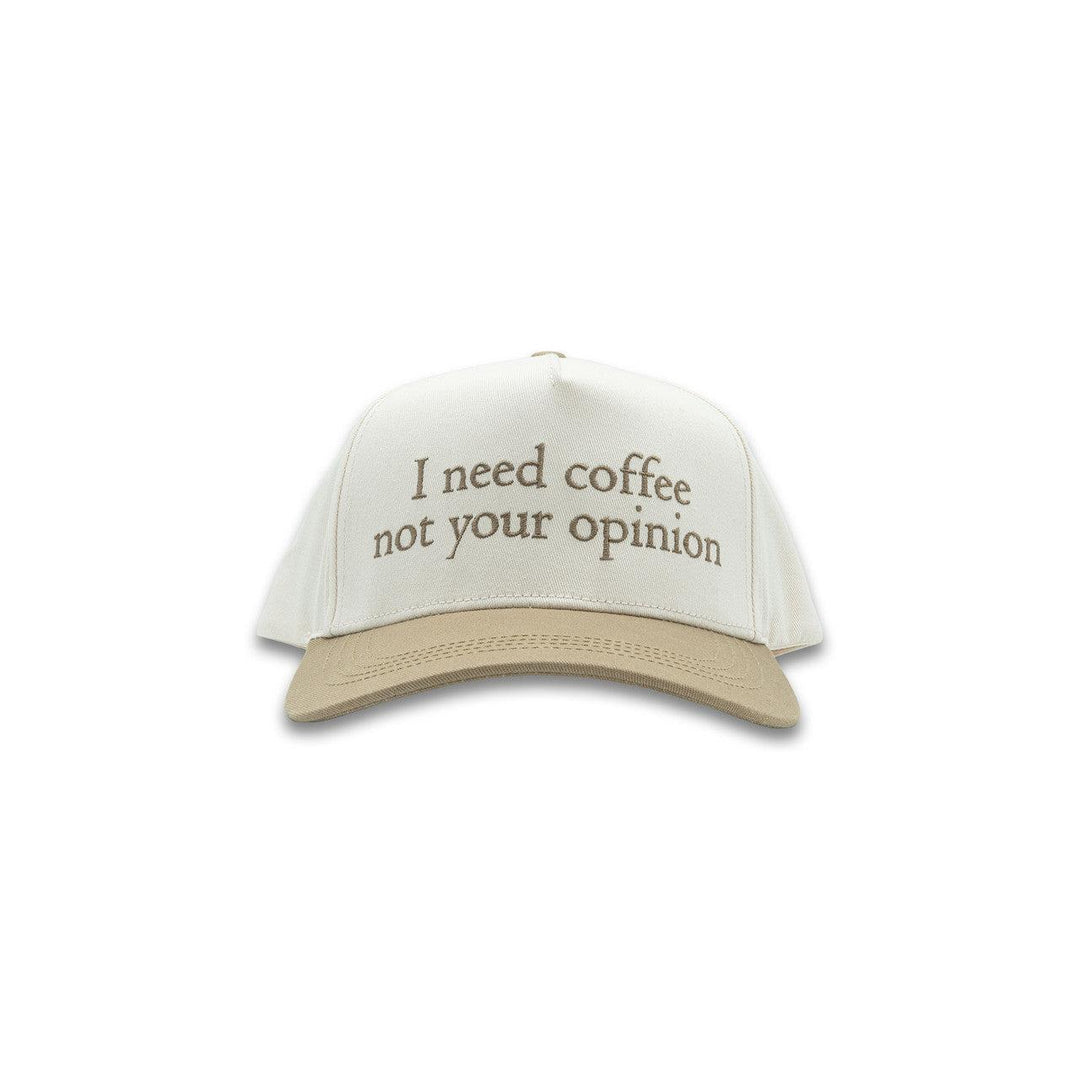 Front view of a Simply Southern Heather Dust women's snapback hat with 'I Need Coffee' embroidered on the front.