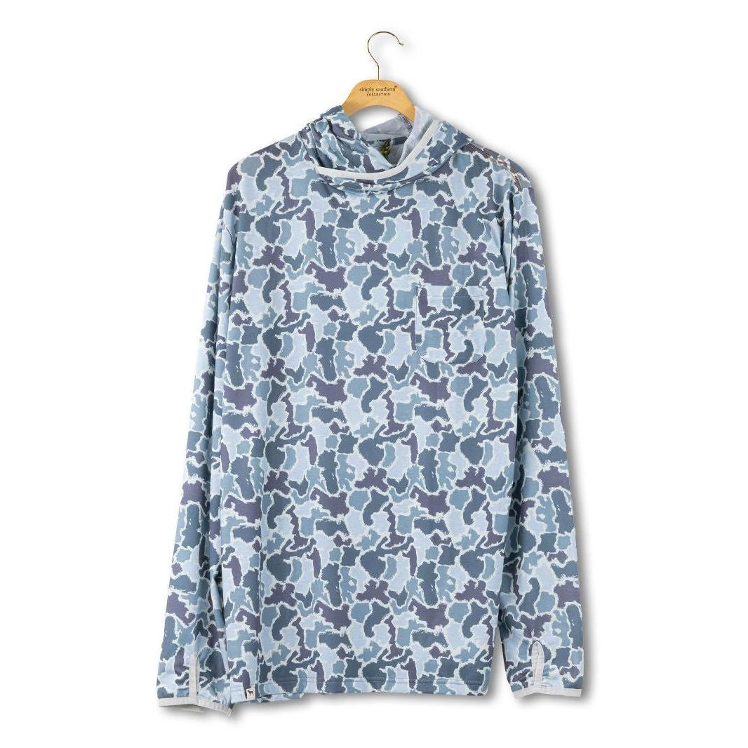 Front view of a Simply Southern Men's Camo Hoodie Shirt in a blue camouflage pattern with a wrap neck and orange stitching.