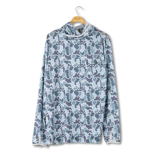 Front view of a Simply Southern Men's Camo Hoodie Shirt in a blue camouflage pattern with a wrap neck and orange stitching.