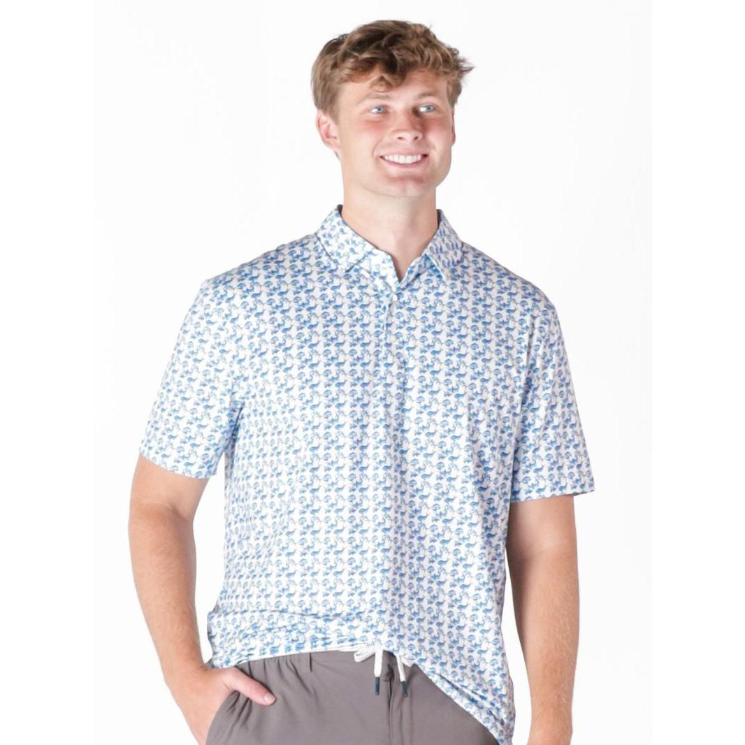 Simply Southern Men’s Water Dude Polo - Light Blue Geometric Performance Shirt