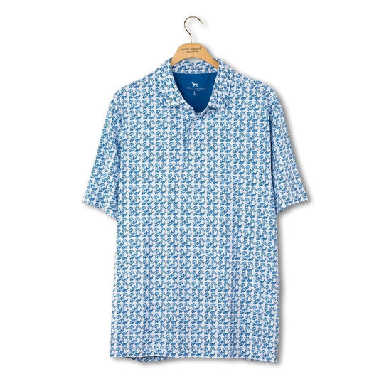 Front view of the Simply Southern Men's Water Dude Polo in light blue with a white geometric pattern.