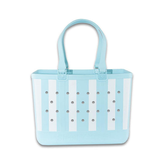 Simply Southern Large Tote Bag in Striped Sky Blue and White with removable inner pouch and grip bottom.