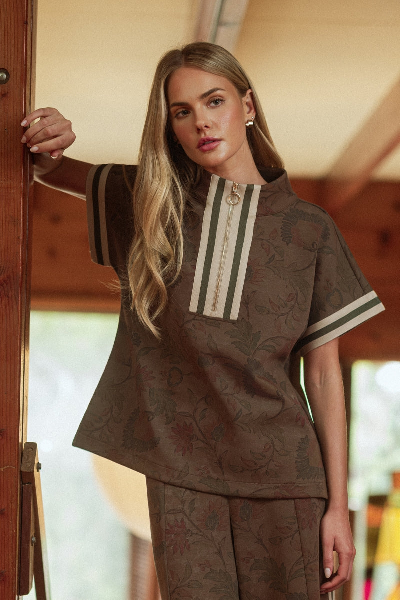 Jodifl Drop Shoulder Floral Zip Top &amp; Wide Leg Pants Set - Brown