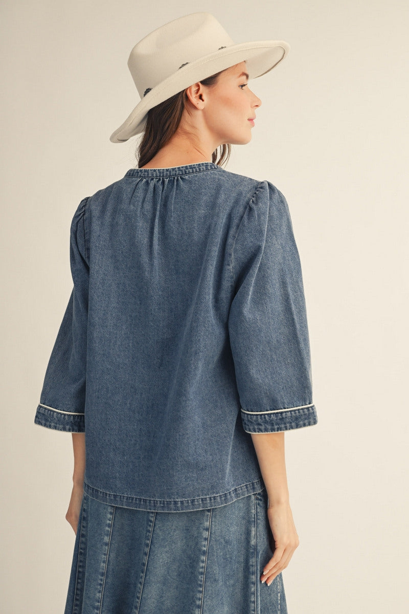 Jodifl 3/4 Sleeve Washed Denim Floral Applique Top - Denim