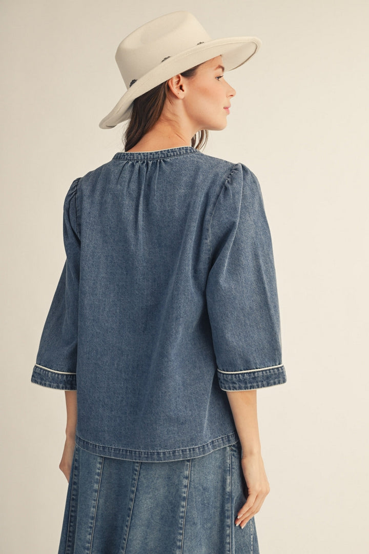 Jodifl 3/4 Sleeve Washed Denim Floral Applique Top - Denim