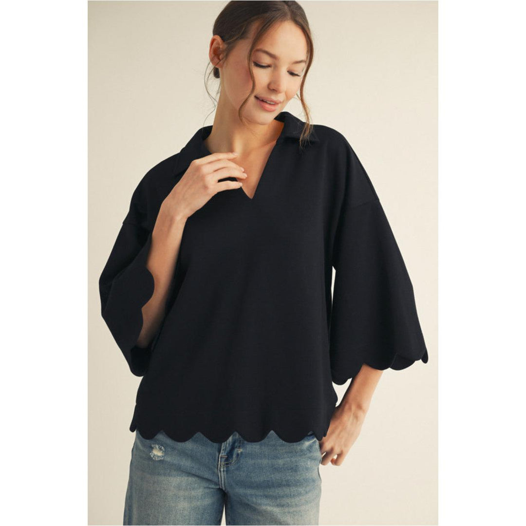 Presley Scallop Edge Collared V-Neck Top with 3/4 Sleeves