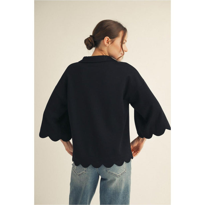 Presley Scallop Edge Collared V-Neck Top with 3/4 Sleeves