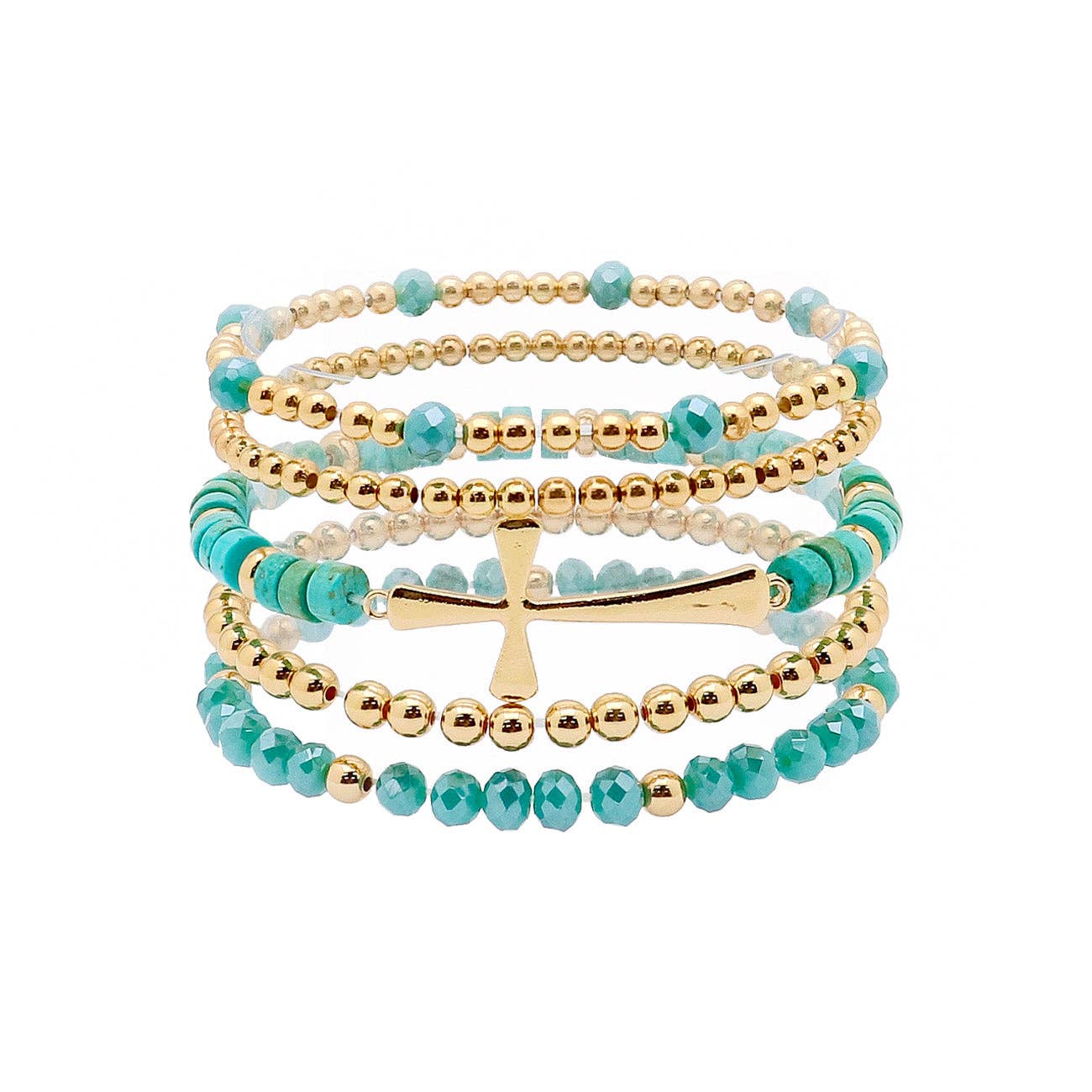 Turquoise Crystal, and Gold Cross Stretch Bracelet Set of 5