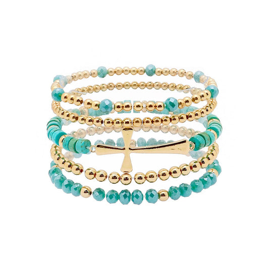 Turquoise Crystal, and Gold Cross Stretch Bracelet Set of 5