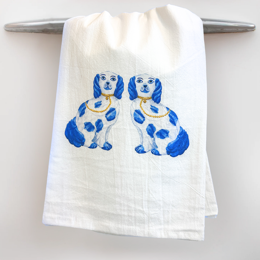 Taylor Paladino Staffordshire Dogs Watercolor Tea Towel - Blue and White Chinoiserie Kitchen Decor