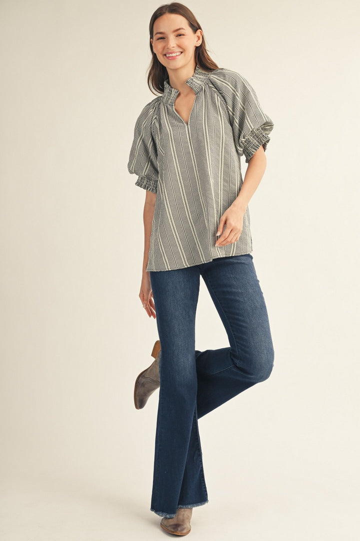 Jodifl Short Puff Sleeve Stripe Ruffle Top - Black