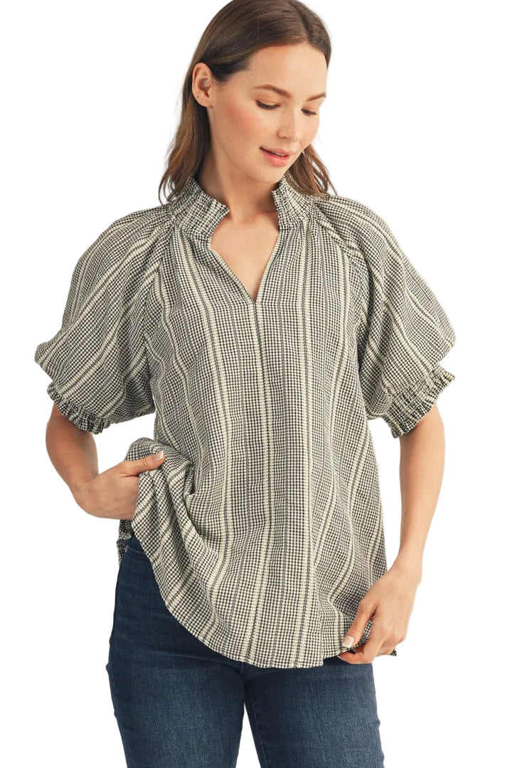 Jodifl Short Puff Sleeve Stripe Ruffle Top - Black