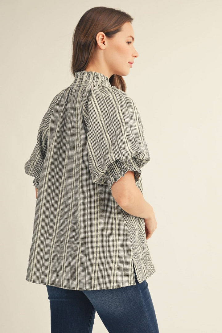 Jodifl Short Puff Sleeve Stripe Ruffle Top - Black