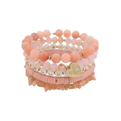 Pink Stone, Crystal, and Rubber with Heart Charm Bracelet