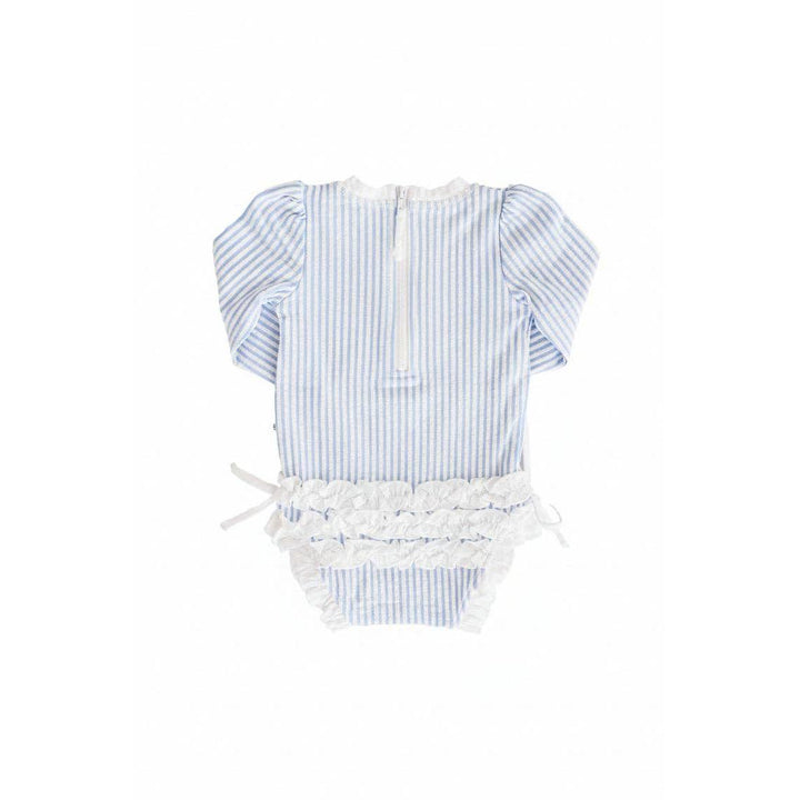 Long Sleeve Rash Guard With Ruffle Bottom | Seersucker Blue Wholesale