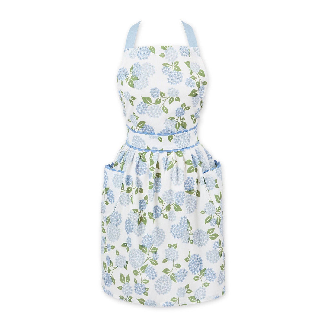  Full-length 100% cotton apron featuring a lush blue and purple hydrangea floral print on a white background with a large front pocket.
