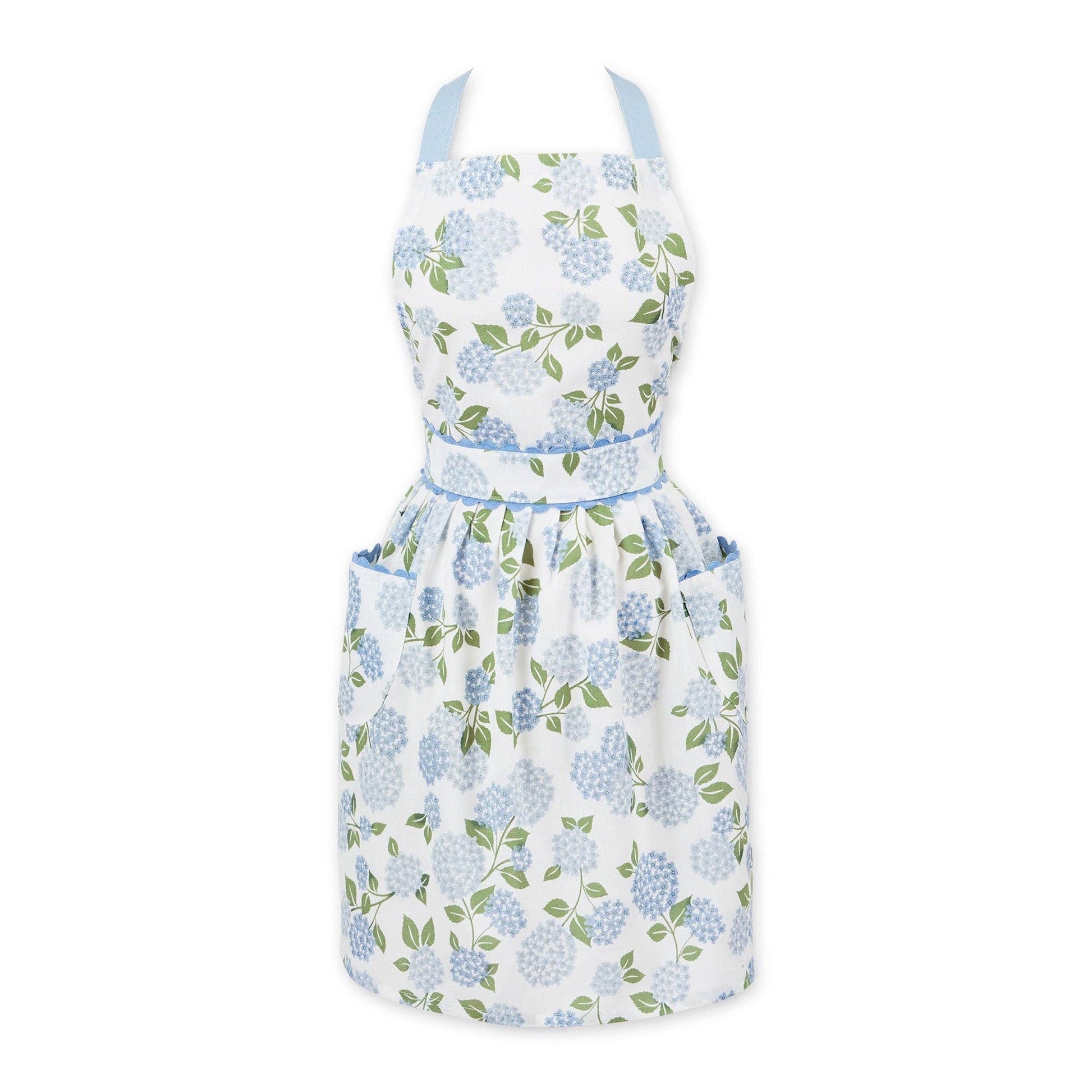 Full-length 100% cotton apron featuring a lush blue and purple hydrangea floral print on a white background with a large front pocket.