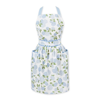  Full-length 100% cotton apron featuring a lush blue and purple hydrangea floral print on a white background with a large front pocket.