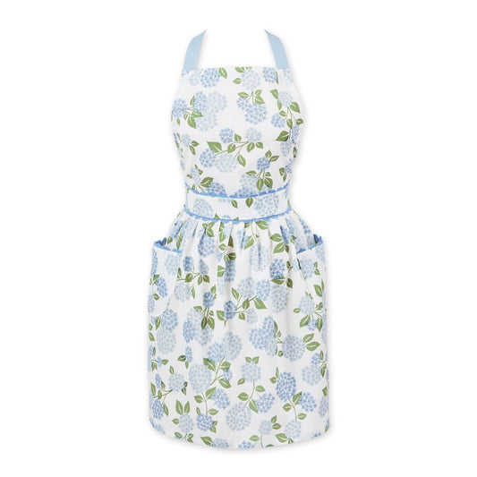  Full-length 100% cotton apron featuring a lush blue and purple hydrangea floral print on a white background with a large front pocket.