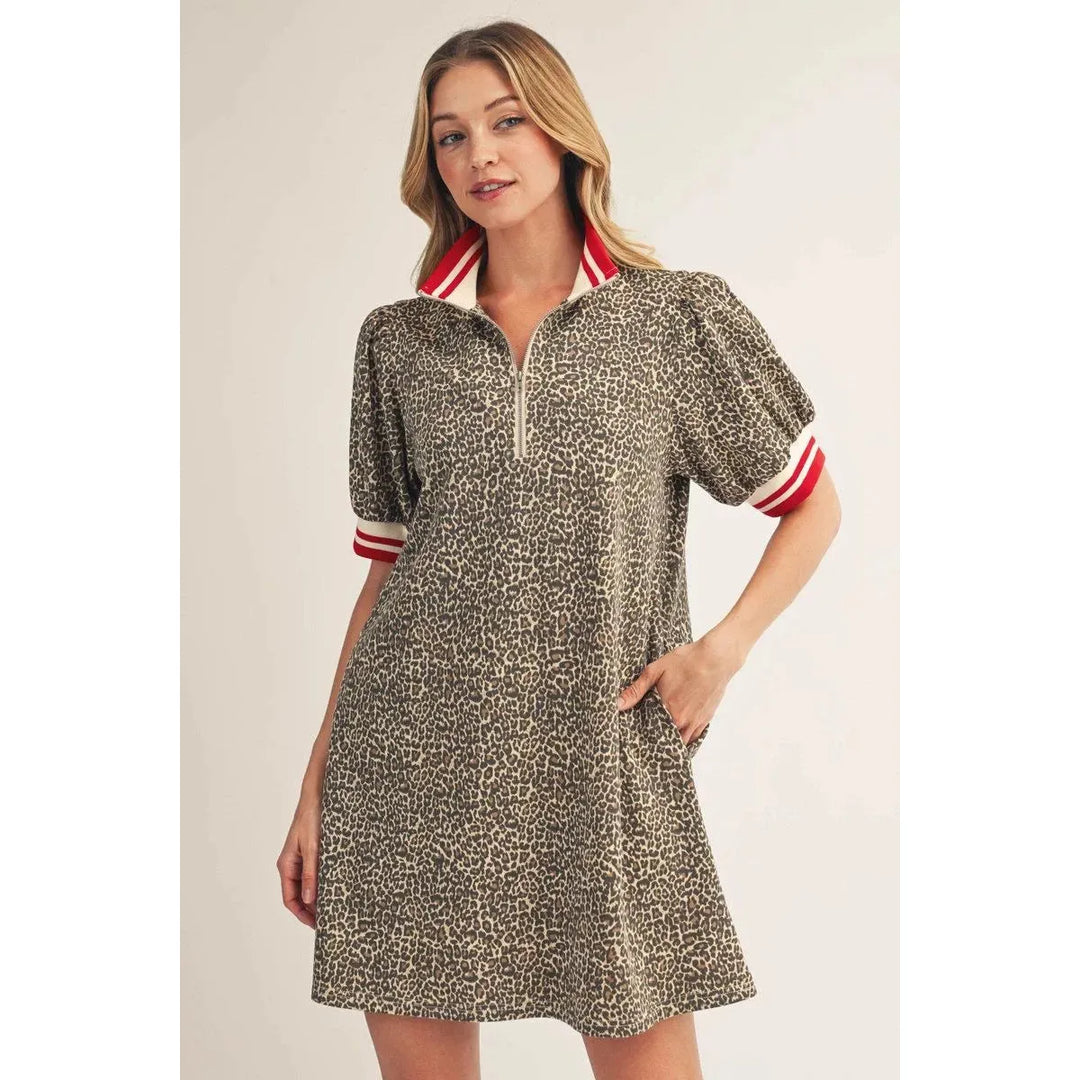 Mila | Leopard Zip-Front Puff Sleeve Mini Dress