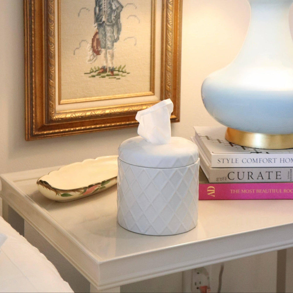 The Chloe scalloped ceramic tissue box cover by House of Happy featuring a decorative white lattice design.