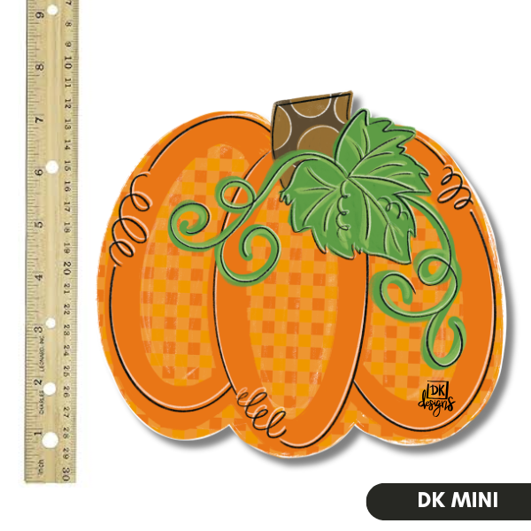 DK Designs Georgia orange gingham pumpkin mini door hanger sign with brown stem, green leaf and curly vines