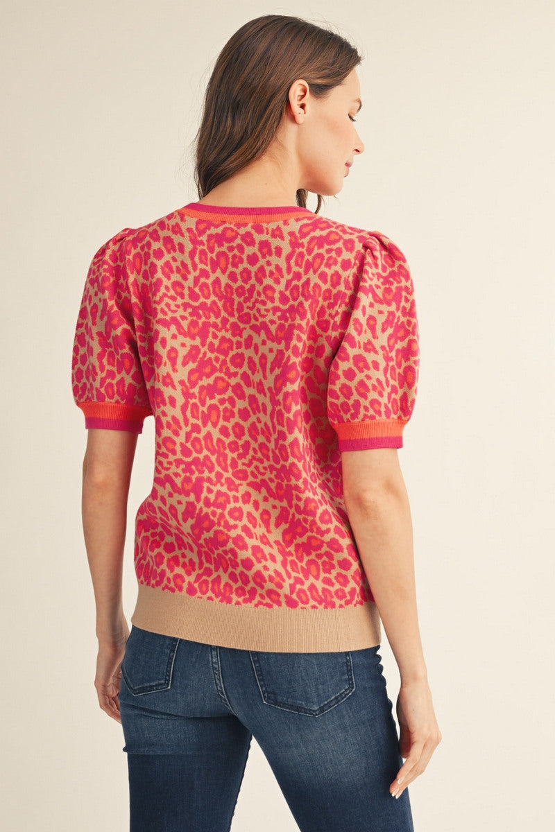 Jodifl Short Puff Sleeve Leopard Sweater Top - Hot Pink