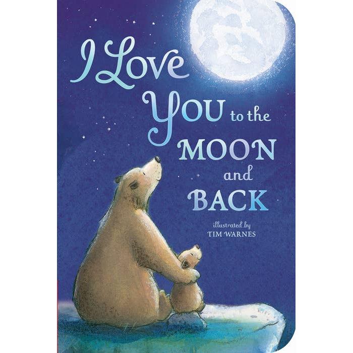 Front cover of "I Love You to the Moon and Back" board book featuring a bear and cub hugging under a crescent moon.