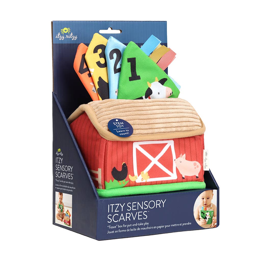 Itzy Sensory Scarves packaging with colorful scarves and a barn-shaped container on a white background.