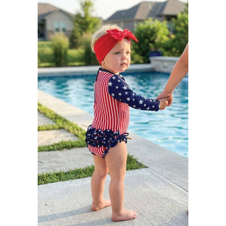 Long Sleeve Rash Guard With Ruffle Bottom | Stars &amp; Stripes Party