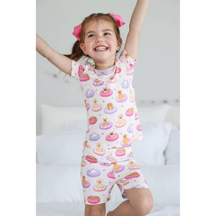 Two Piece Short Pajama Set | Poolside Pups Pink