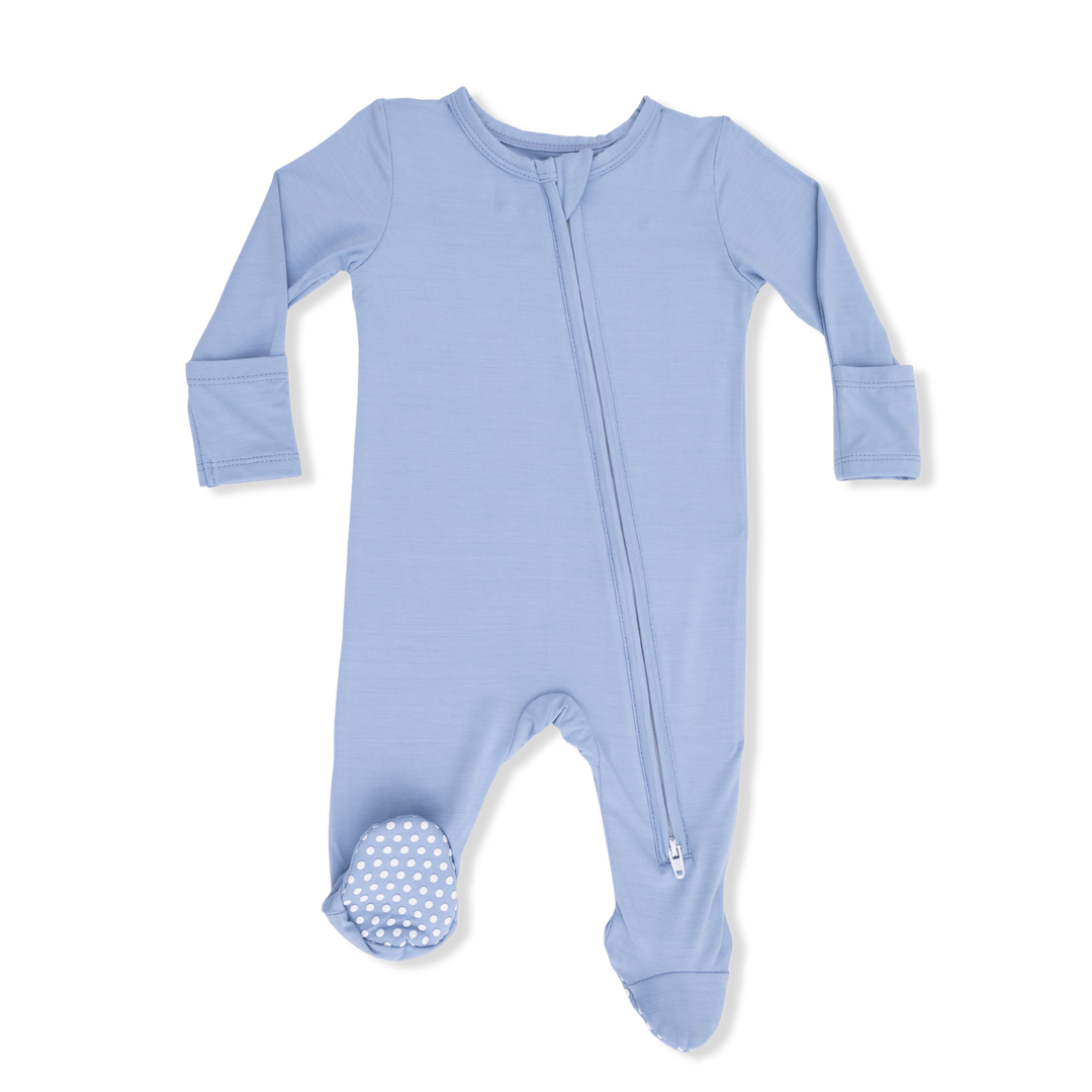 Angel Dear Solid Blue Fog 2 Way Zipper Footie for newborn boys in soft blue bamboo fabric with 2-way zipper — Bella Gifts from the Heart.