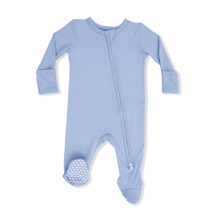 Angel Dear Solid Blue Fog 2 Way Zipper Footie for newborn boys in soft blue bamboo fabric with 2-way zipper — Bella Gifts from the Heart.