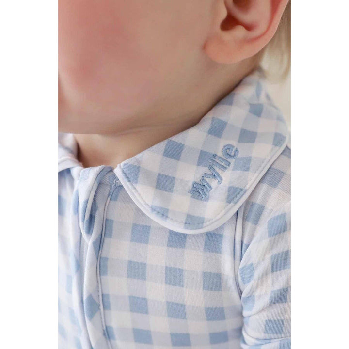 Peter Pan Collar Zipper Footie | Dusty Blue Gingham