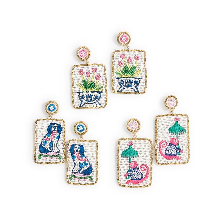 Beaded earrings shown in 3 different decorative styles.