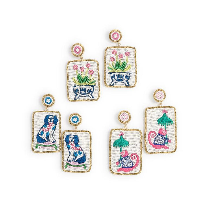 Beaded earrings shown in 3 different decorative styles.